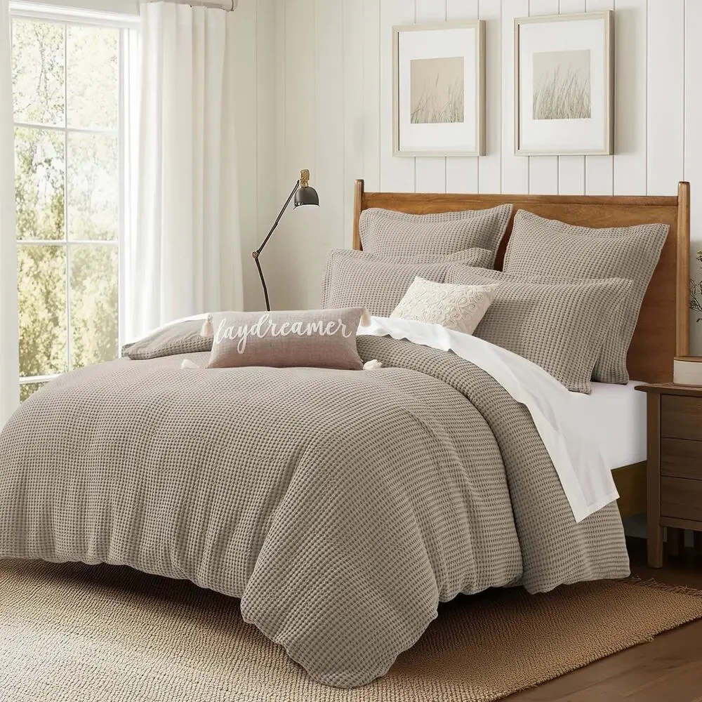 Levtex Full/Queen Duvet Cover Set Waffle Textured Beige Fawn + 2 Shams